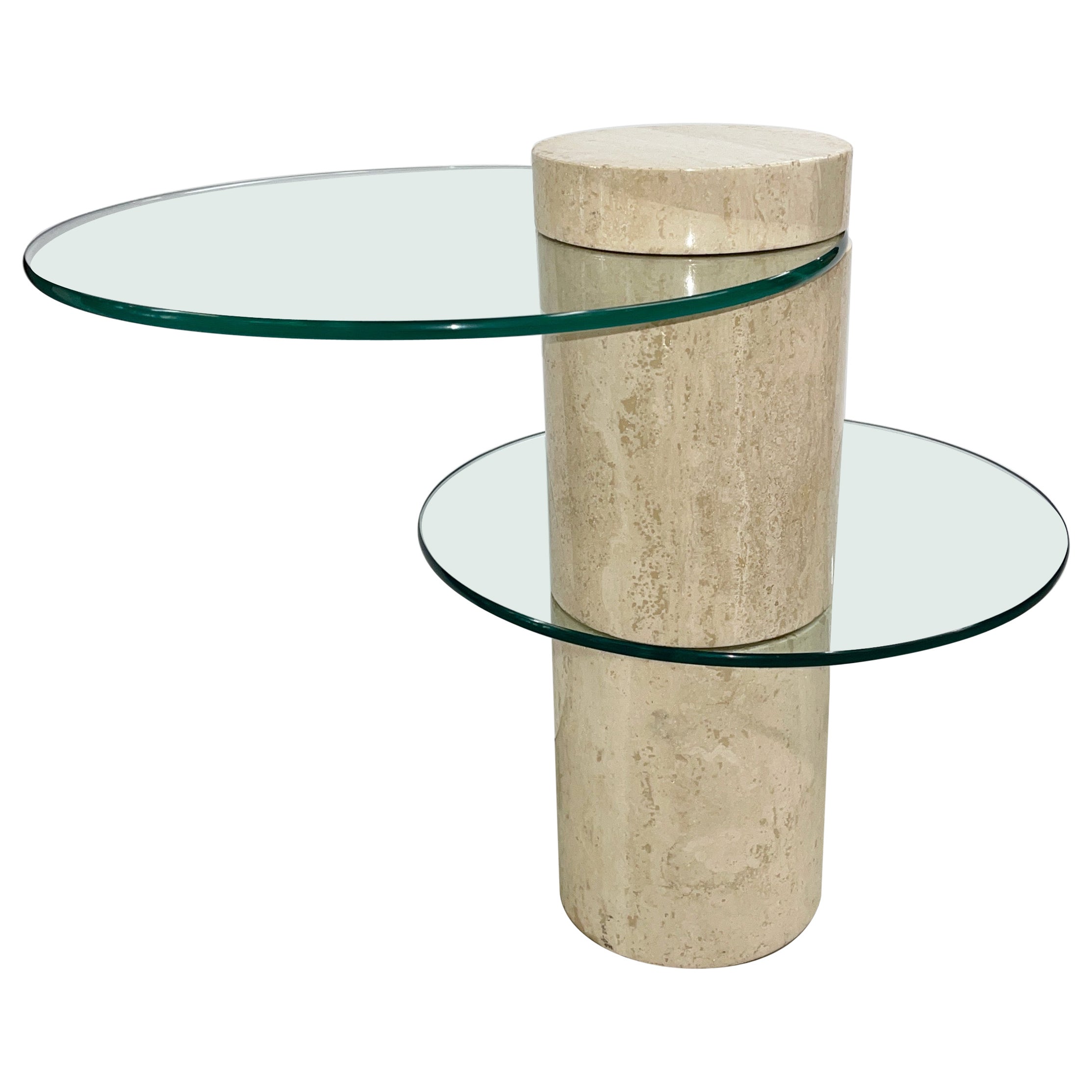 Table d'appoint en marbre travertin avec deux plateaux en verre positionnables