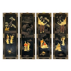 Pair of Four Antique Chinoserie Lacquered Wood Wall Panels with Jade Scenes