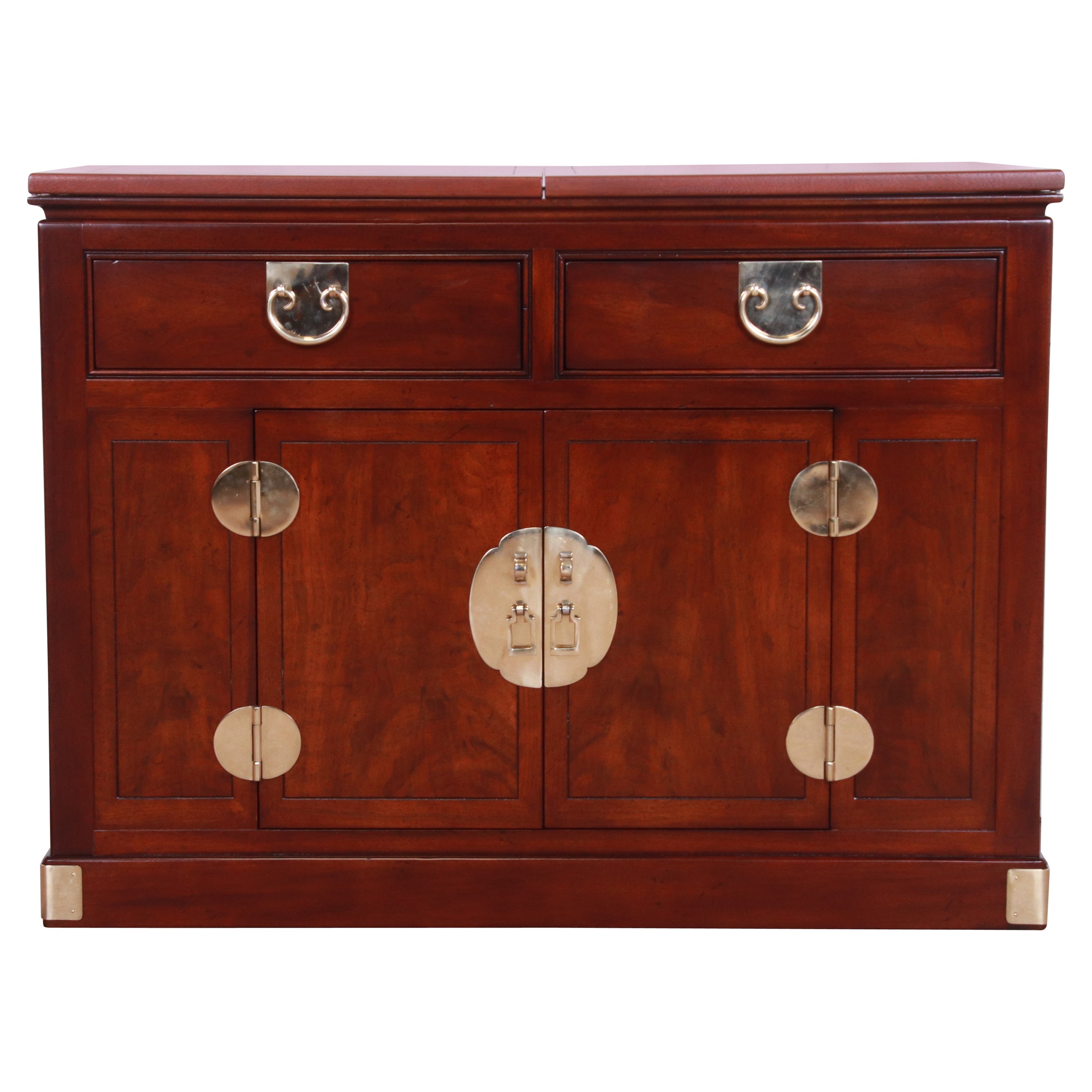 Henredon Hollywood Regency Chinoiserie Walnut and Brass Rolling Bar Cabinet