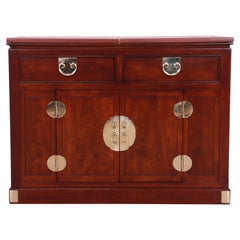 Used Henredon Hollywood Regency Chinoiserie Walnut and Brass Rolling Bar Cabinet