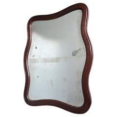 Large Curved Oak Wall Mirror with Facet Cut Distressed Glass, Italy 1950's