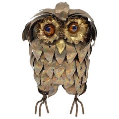Mid Century Brutalist Torch Cut Brass and Copper Owl Sculpture, 1970s