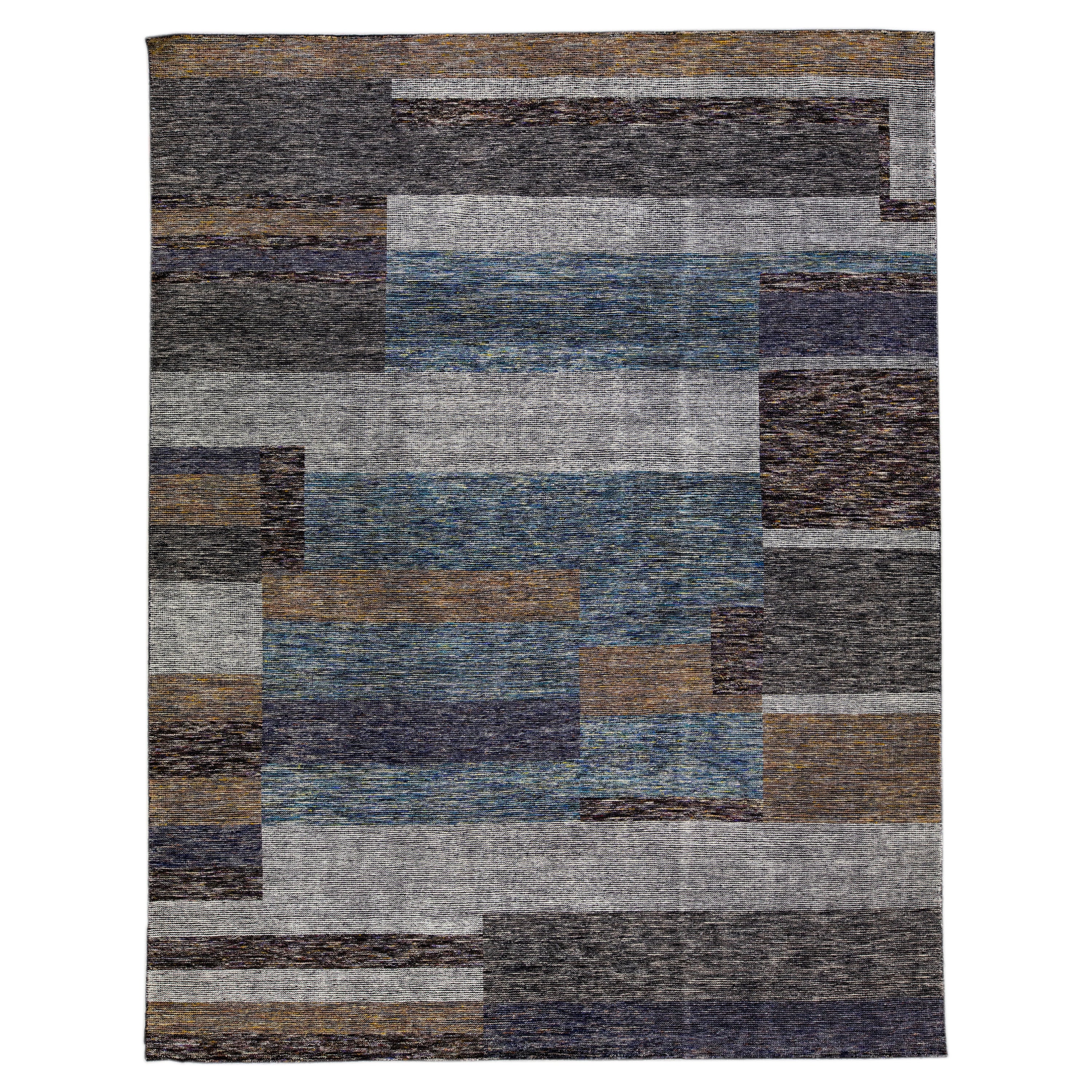 Modern Apadana's Safi Collection Handmade Abstract Earthy Tone Designed Wool Rug For Sale