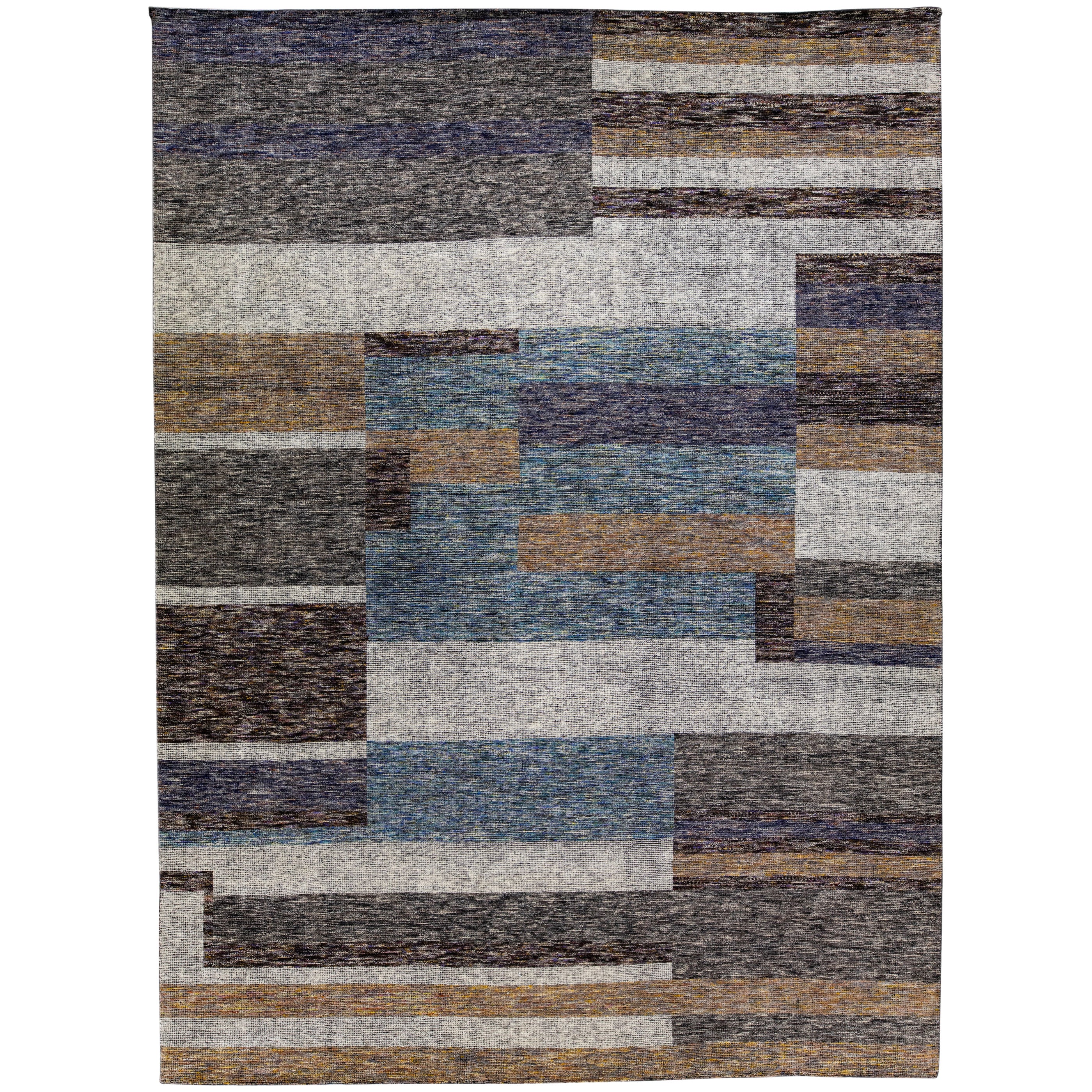 Modern Apadana's Safi Collection Handmade Earthy Tone Abstract Designed Wool Rug For Sale