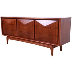 Mid-Century Modern Sculpted Walnut Diamond Front Dresser by United, Refinished