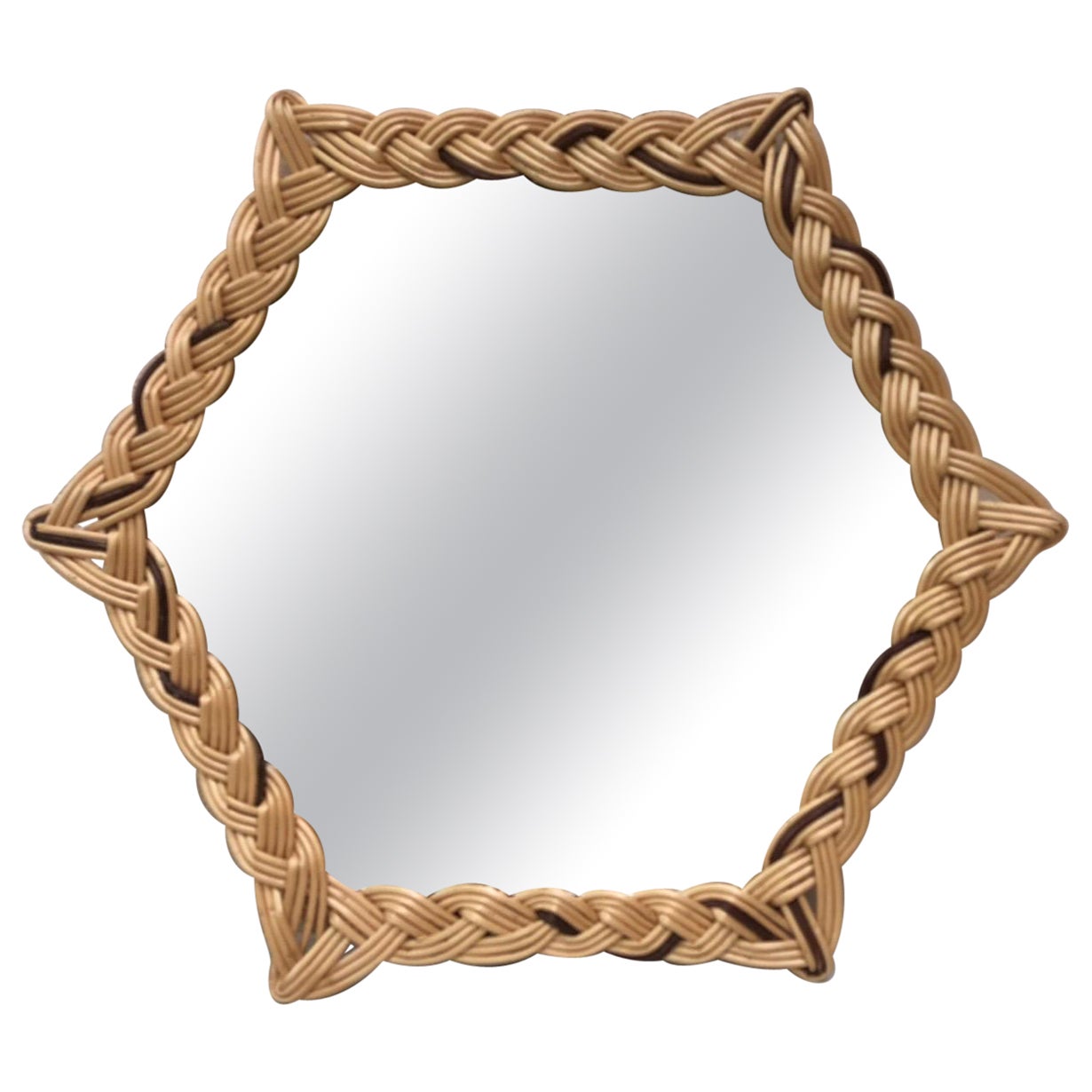 French Rattan Hexagon Shape Mirror circa 1950 For Sale