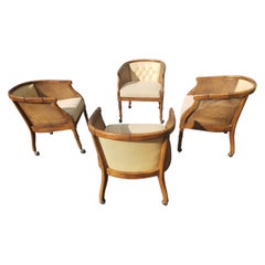 Vintage Henredon French Country Walnut Faux Cane Bamboo Upholstered Club Accent Chairs