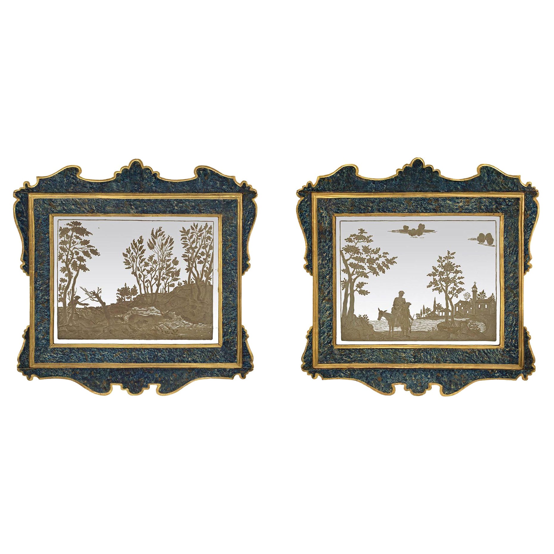 Pair of Italian 19th Century Etched Mirrors