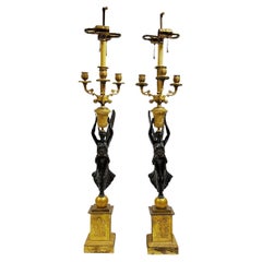 Pair French Empire Gilt and Patinated Bronze Table Candelabras/ Lamps