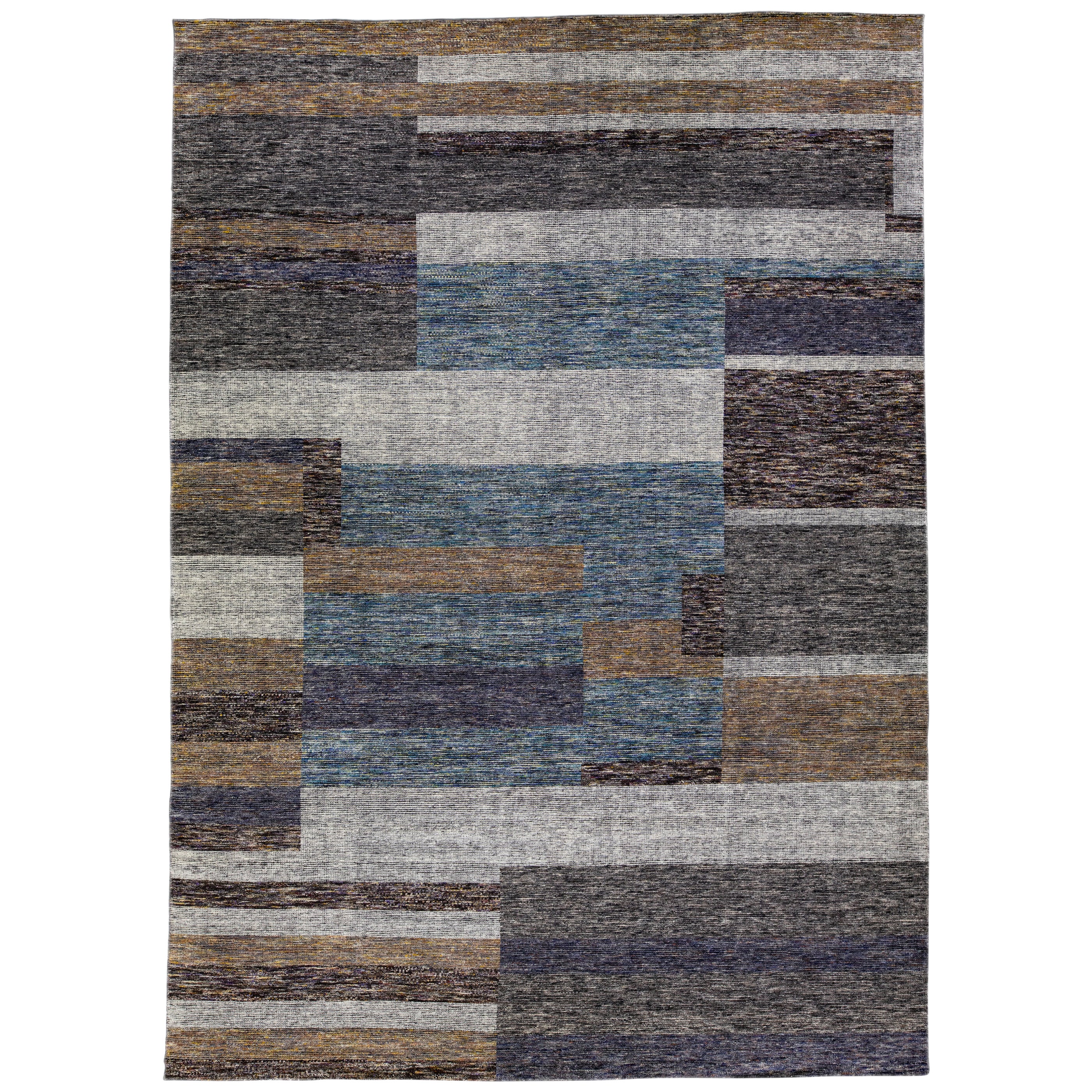 Modern Apadana's Safi Collection Handmade Earthy Tone Abstract Designed Wool Rug For Sale