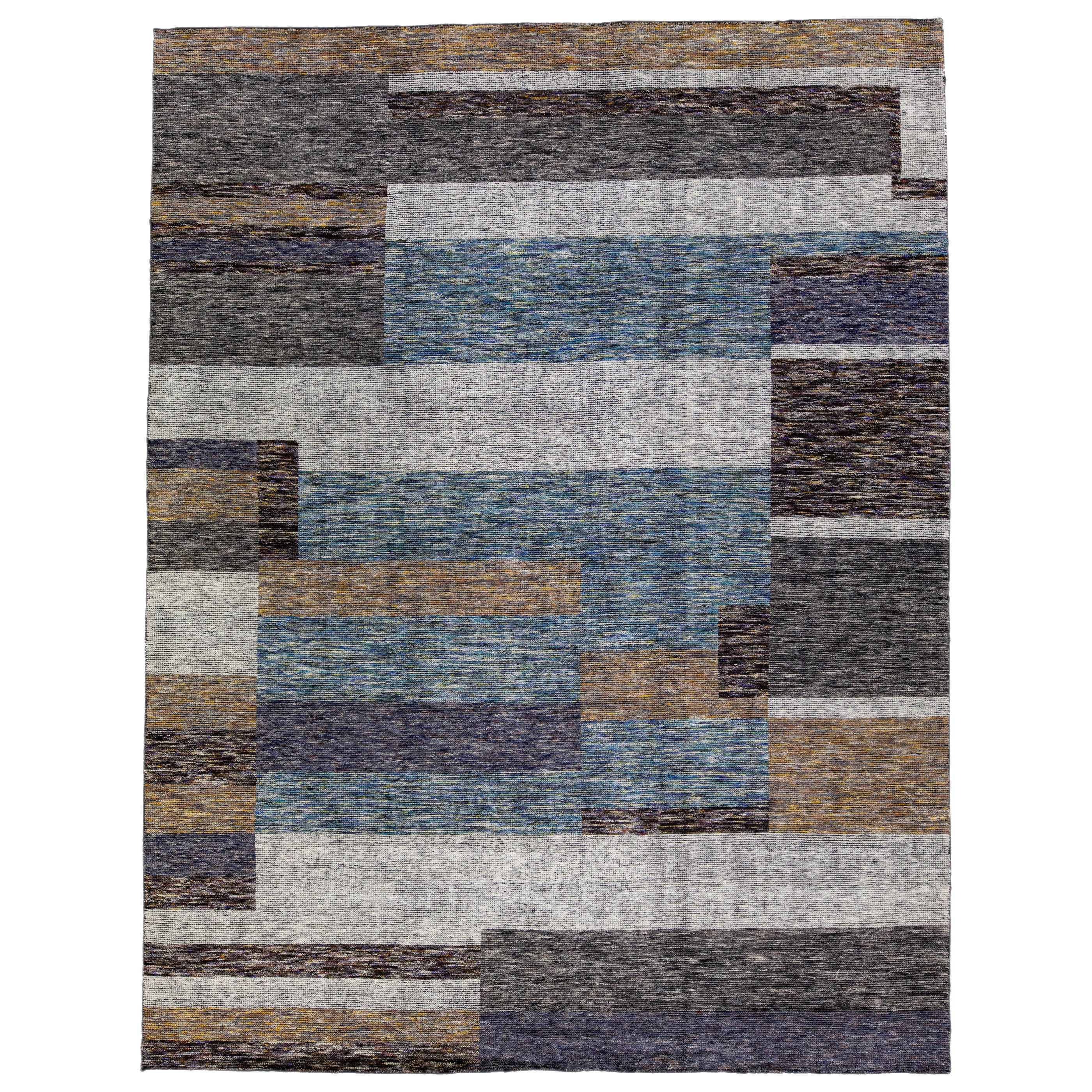 Modern Apadana's Safi Collection Handmade Earthy Tone Abstract Designed Wool Rug For Sale