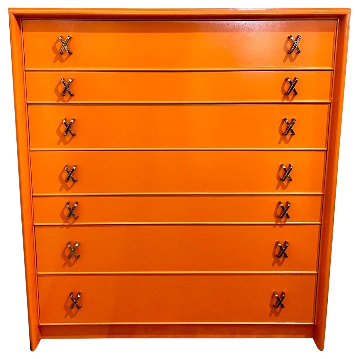 Paul Frankl Johnson Furniture Tall Dresser High Chest Drawers in Hermes Orange