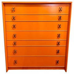 Vintage Paul Frankl Johnson Furniture Tall Dresser High Chest Drawers in Hermes Orange