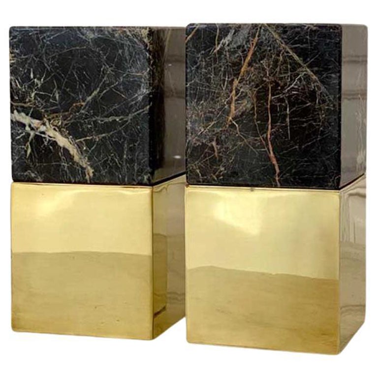Salta Large Square Black Onyx Stone & Brass Pair of Bookends