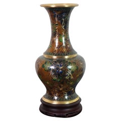 1970s Robert Kuo Brown Floral Enameled Chinese Cloisonne Bud Vase & Stand