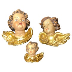 Set of Three Petite Carved Cherub Angel Heads, Vintage German