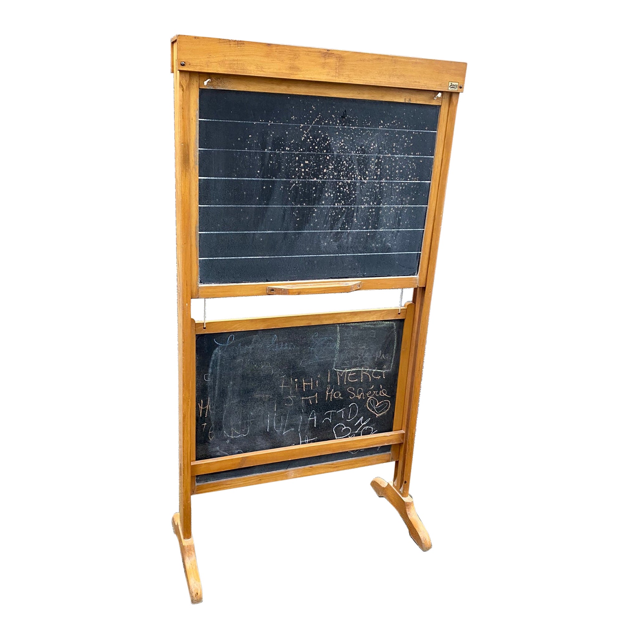 Interessante lavagna scolastica bifacciale con sistema a marchio Josco, circa 1950 in vendita