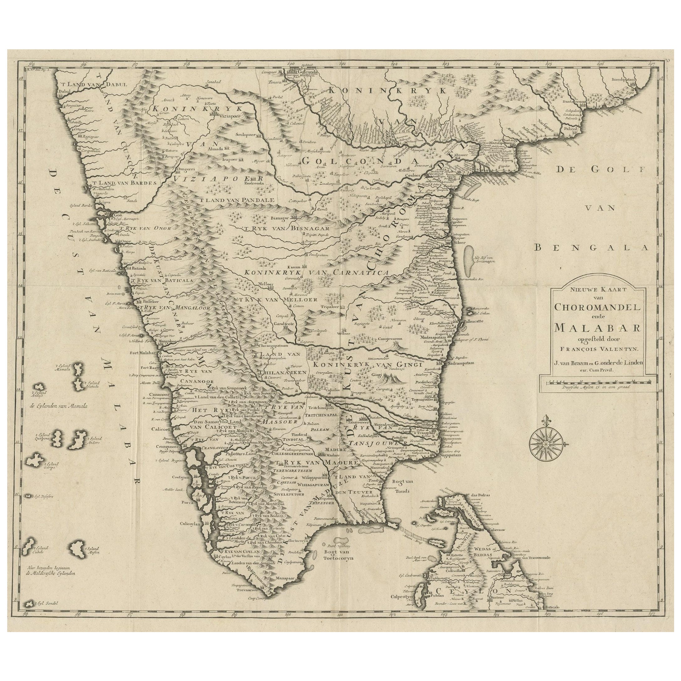 Map of Choromandel & Malabar, Incl Kerala, Tamil Nadu & Part of Sri Lanka, 1726 For Sale