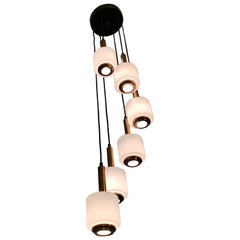 Mid Century Italian Brass and Glass Six Pendant Lights Chandelier