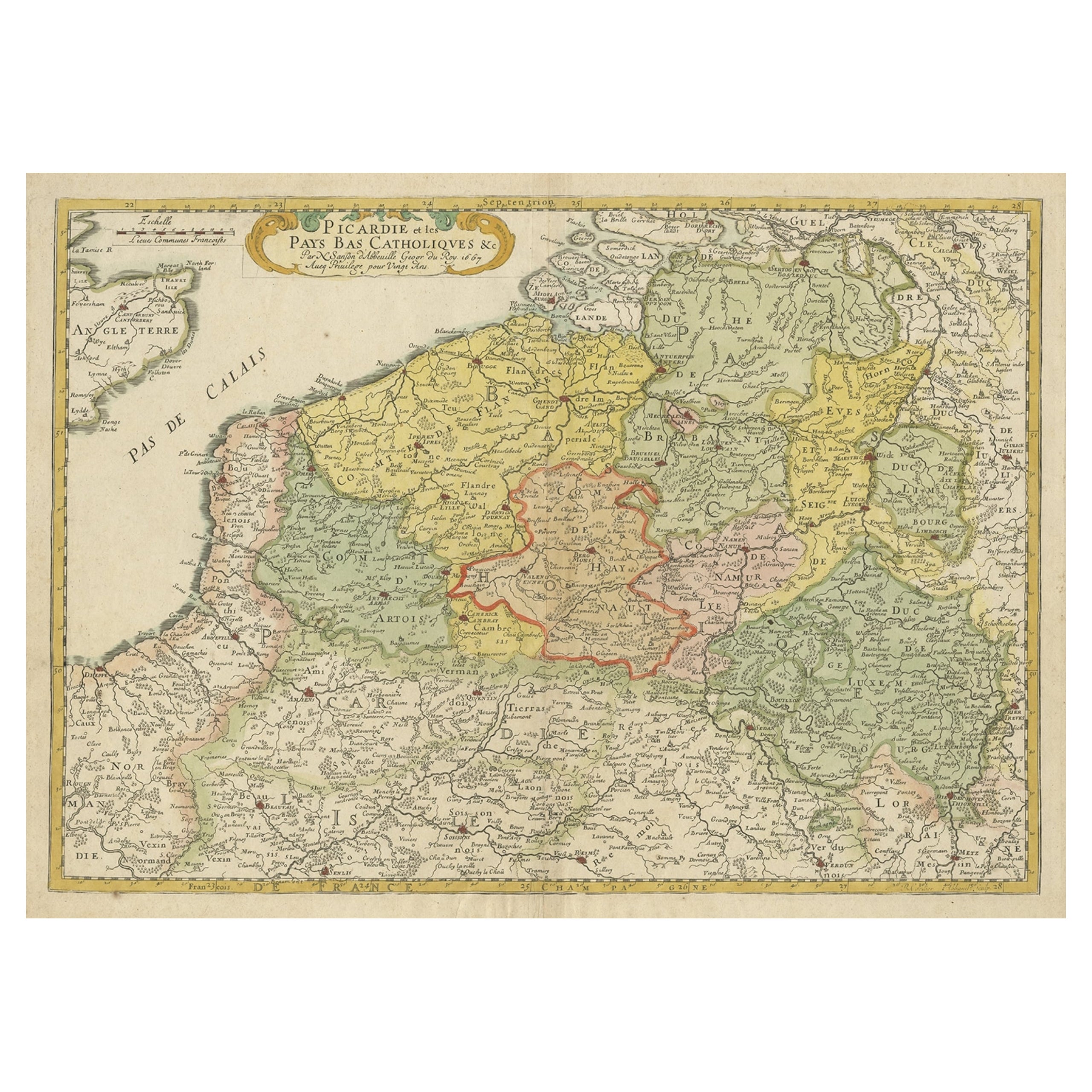 Carte ancienne régionale détaillée du nord-ouest de la France et de la Belgique catholique, 1648