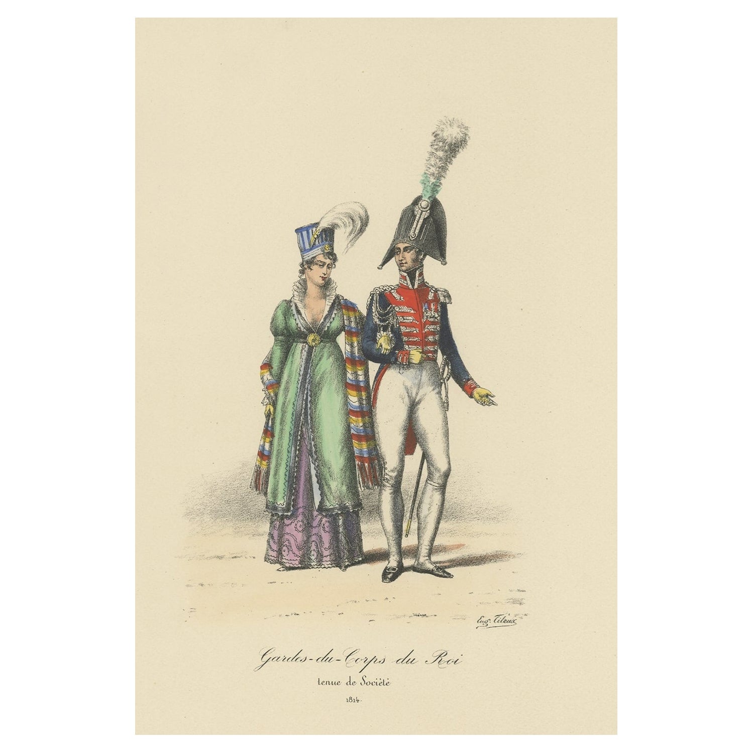 Ancienne estampe colorée à la main des Gardes du Roi de France, 1890