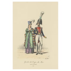 Grabado antiguo coloreado a mano de los Guardias del Rey de Francia, 1890