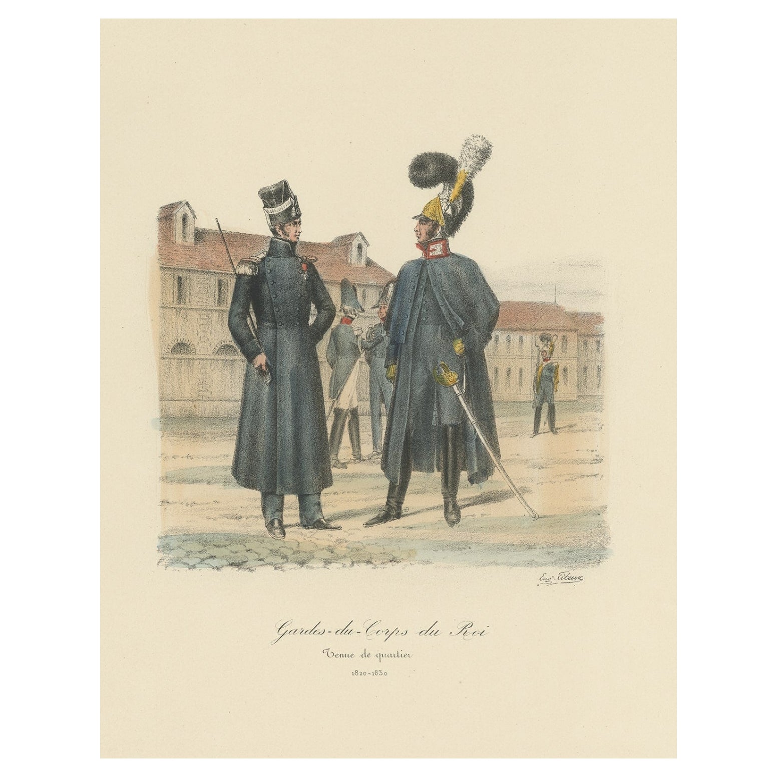 Old Hand-Colored Print of the Guards of the King of France, 1890 For Sale