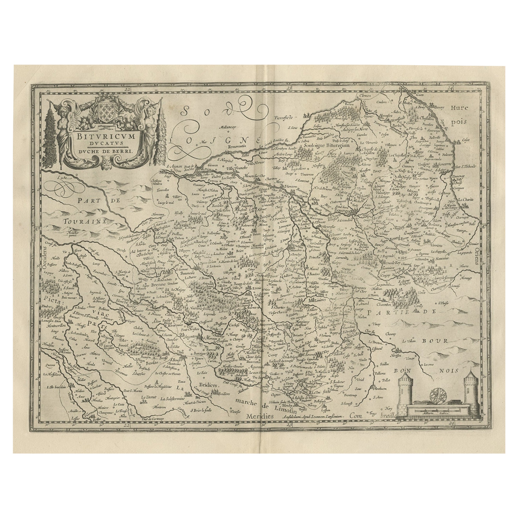 Decorative Antique Map of the Berry Region, France, 1657