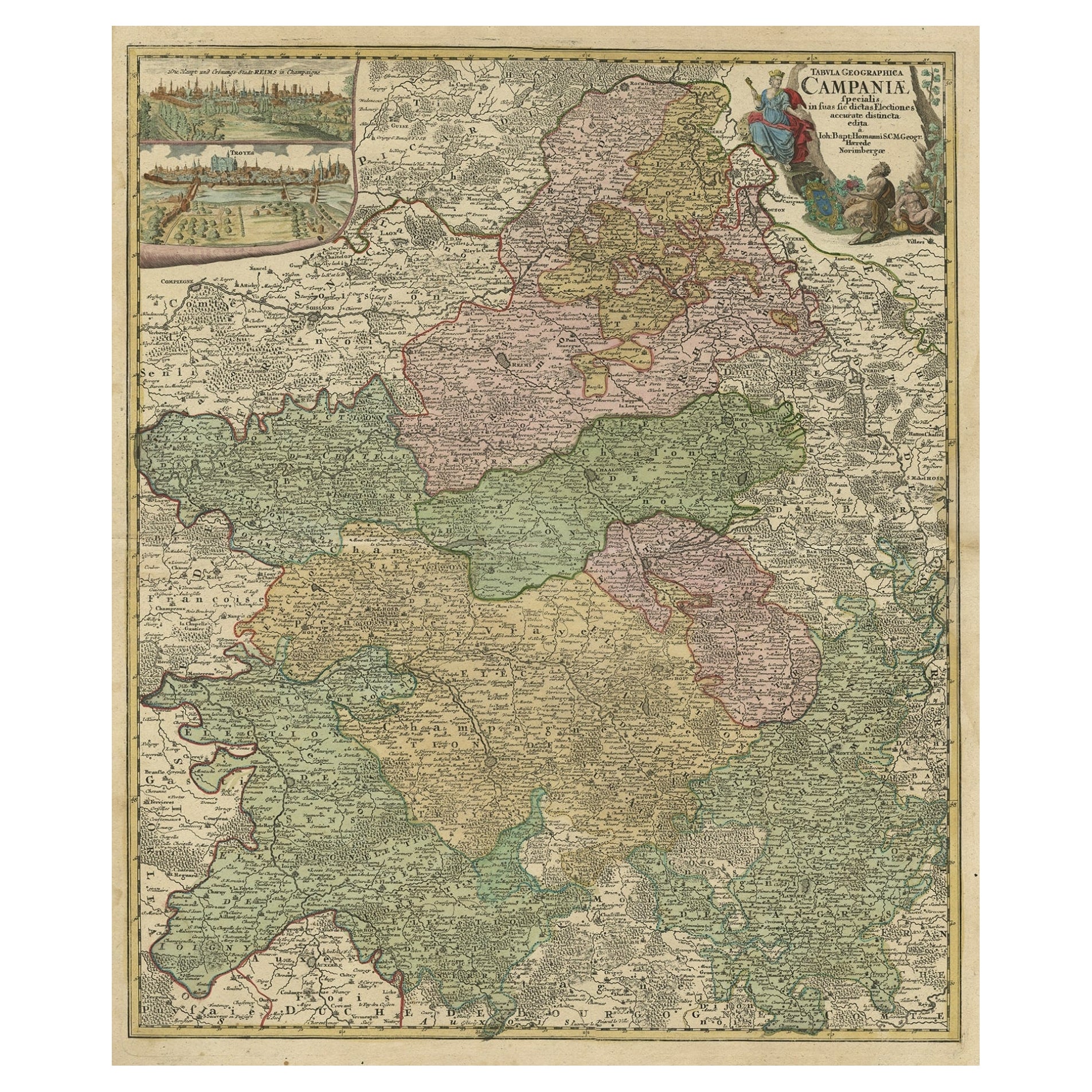 Ancienne carte de la région Champagne-Ardenne avec Reims, Troyes et pernay en France, 1759 en vente