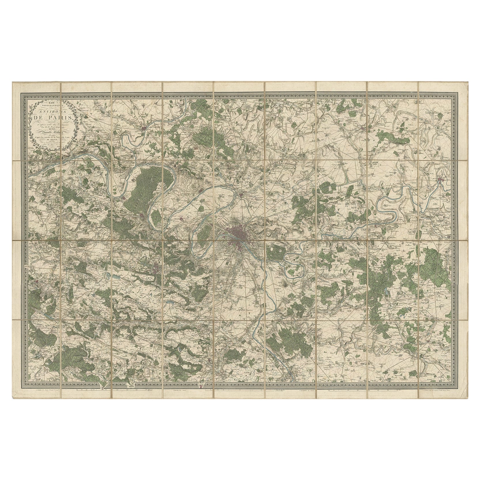 Large Folding Map of Paris, France, on Linen, 36 Segments, Published in 1836