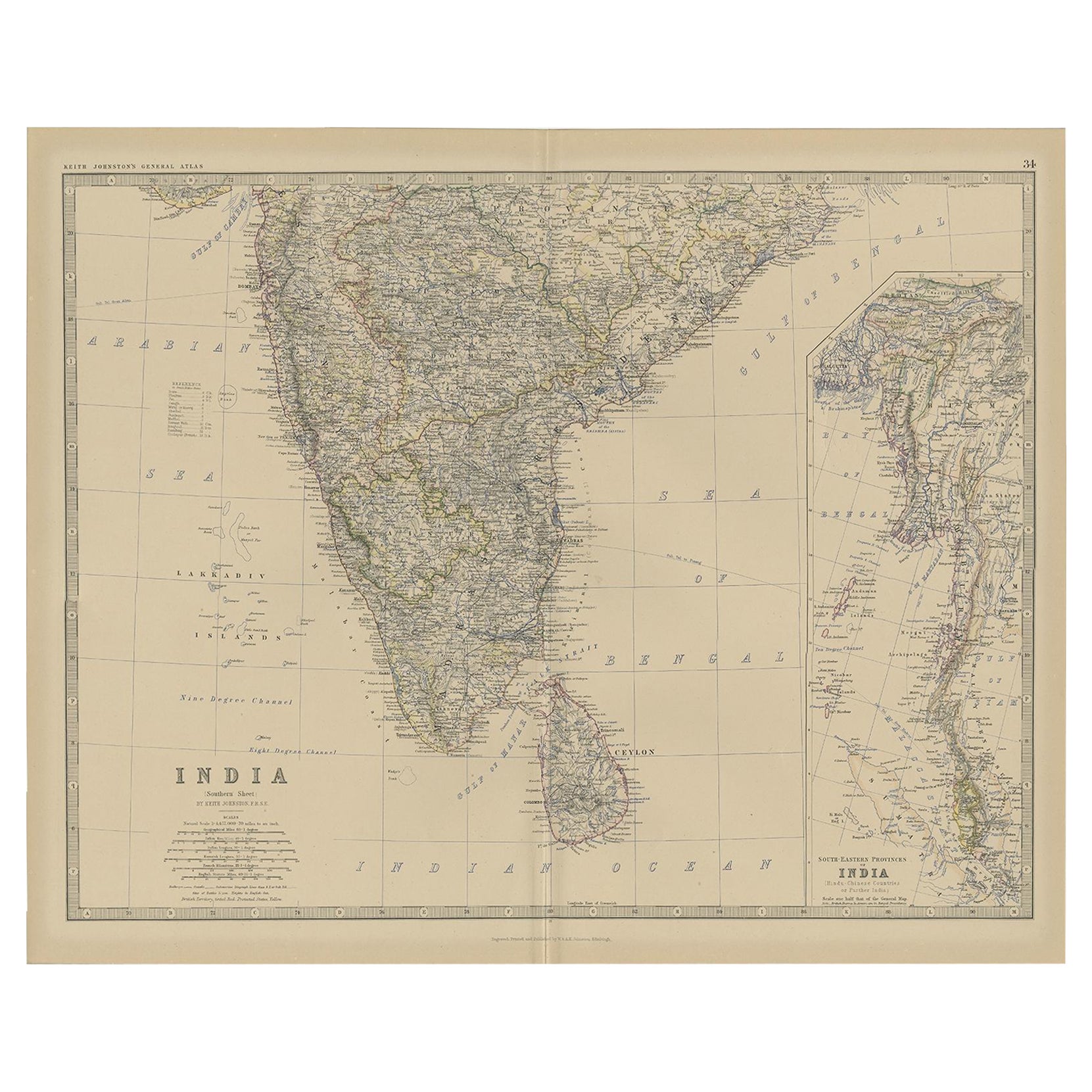 Ancienne carte de l'Inde du Sud et du Ceylan « Sri Lanka », 1882