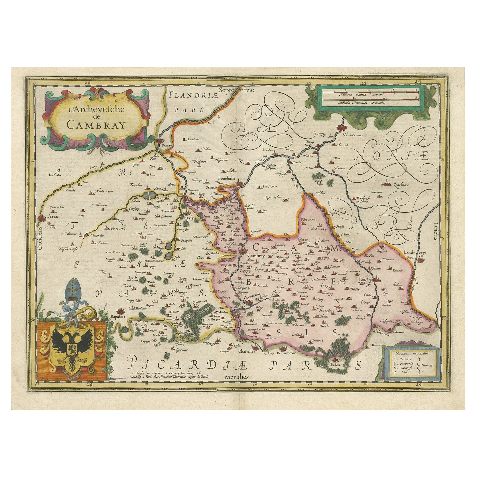 Carte décorative ancienne de la région de la Cambrai, France, vers 1630
