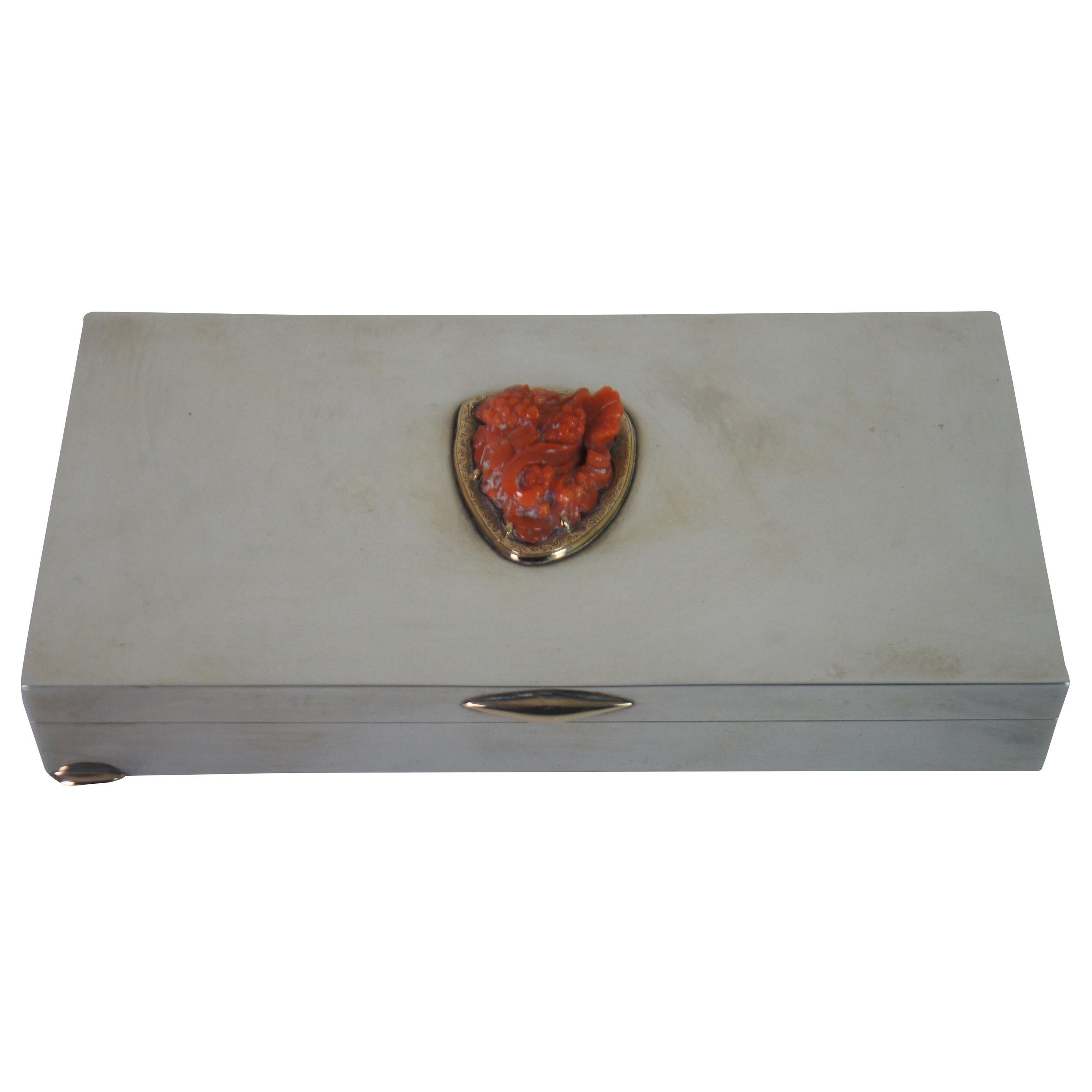 Antique English 18K Gold Sterling Silver Coral Cigar Jewerly Keepsake Box For Sale