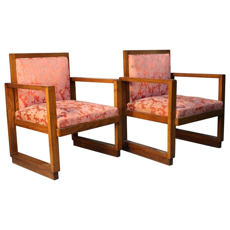 Pair of Art Deco Italian armchairs about 1940 Italy - solid walnut
Very beautiful pieces and in very good and very strong condition with slightly signs of agings. No need any restorations. art deco armchairs, armchairs for lounge or living