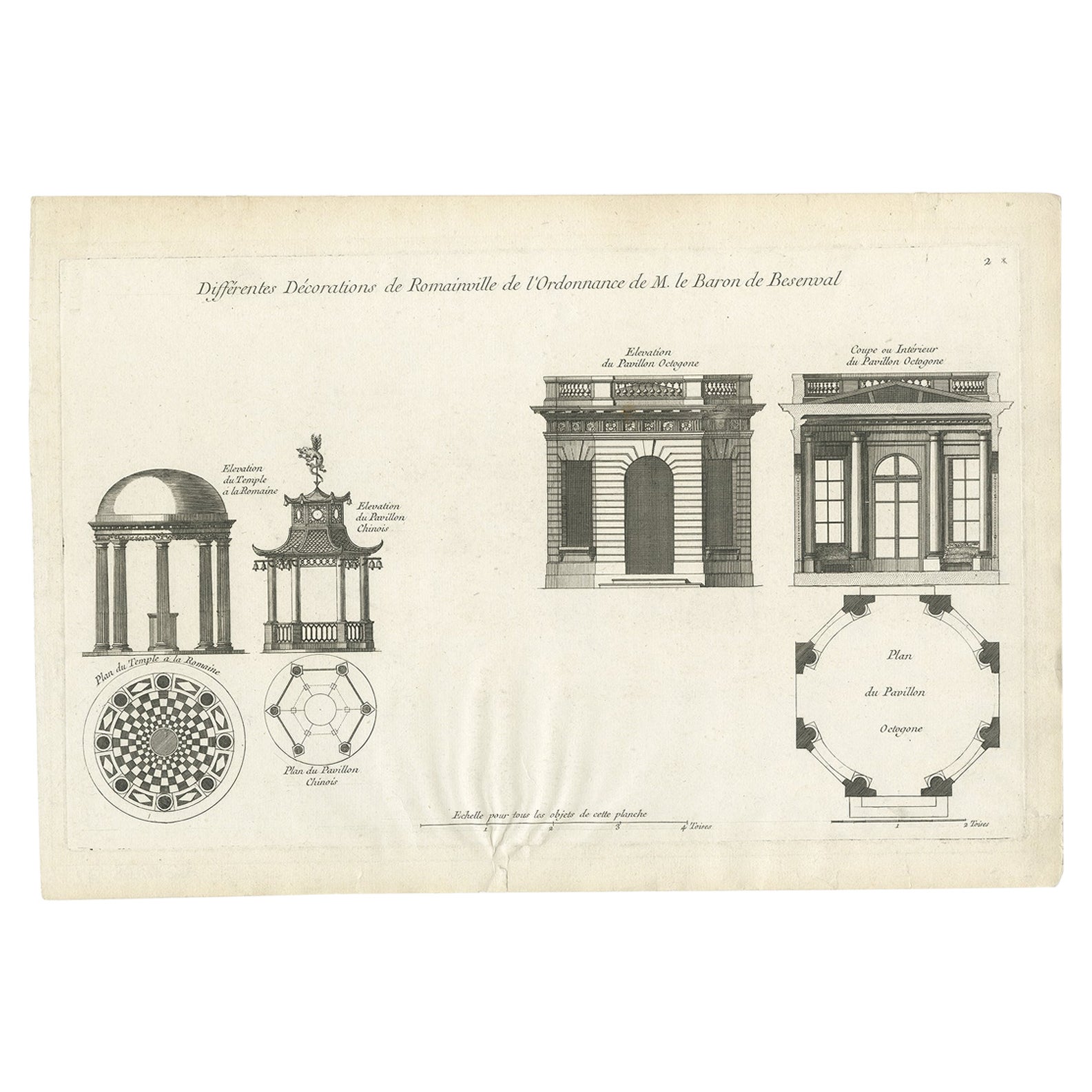 Copper Engraving of Various Pavilion Decorations of Romainville, ca.1785 For Sale