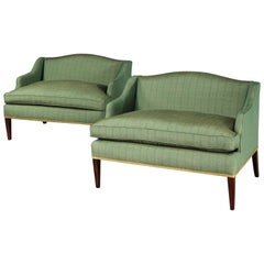 Antique Settee Sofa Love Seat Pair Green Gold Linen American 2-Seater Petite Wide