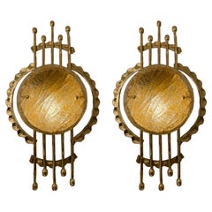 Pair of Italian Sconces in Gilt Forged Iron & Amber Murano Glasses, circa 1960s