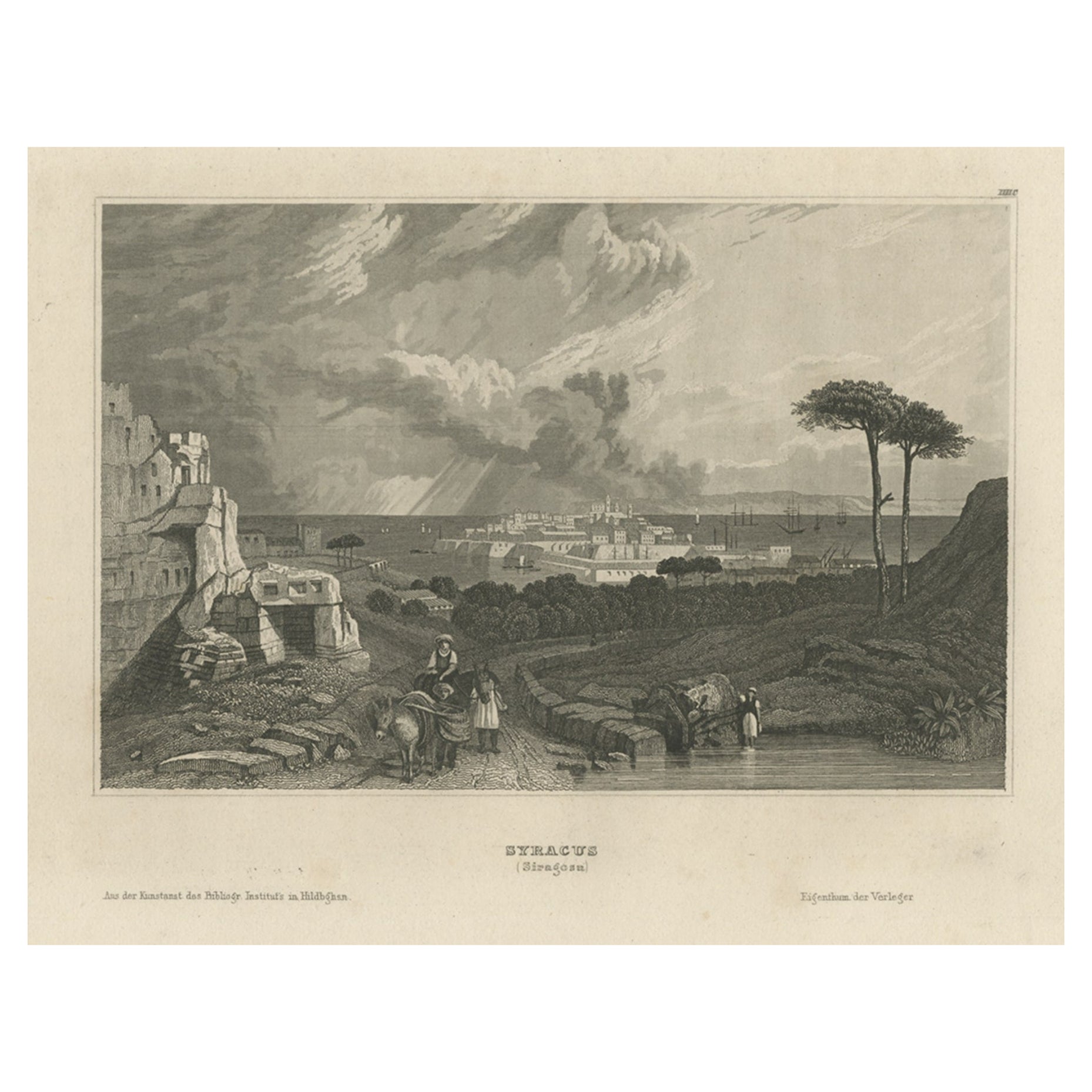 Antique View of Syracuse, Sicily, Italy, 1837 For Sale