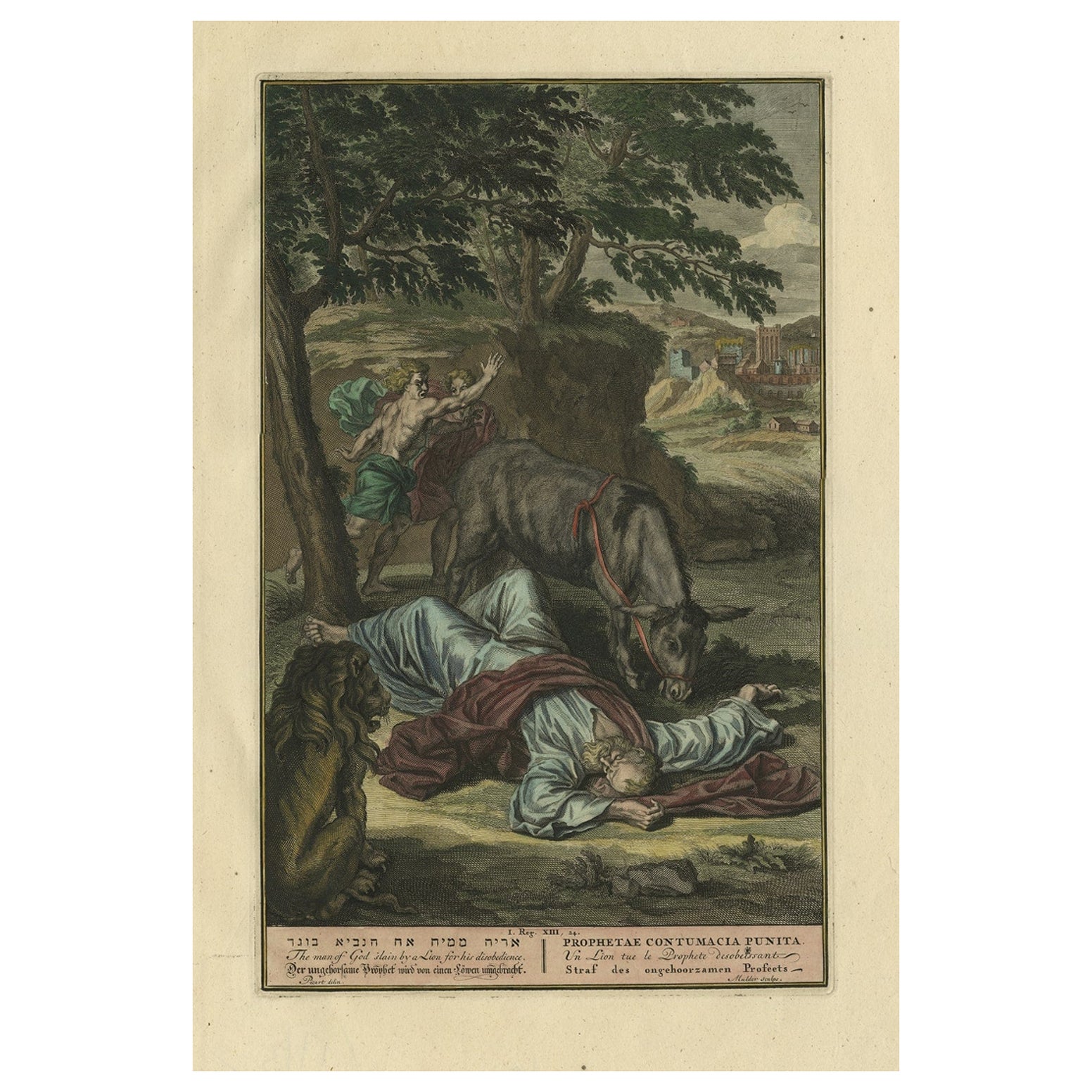 Impression ancienne d'origine montrant le prophète tué par un lion « I Kings XII », 1728