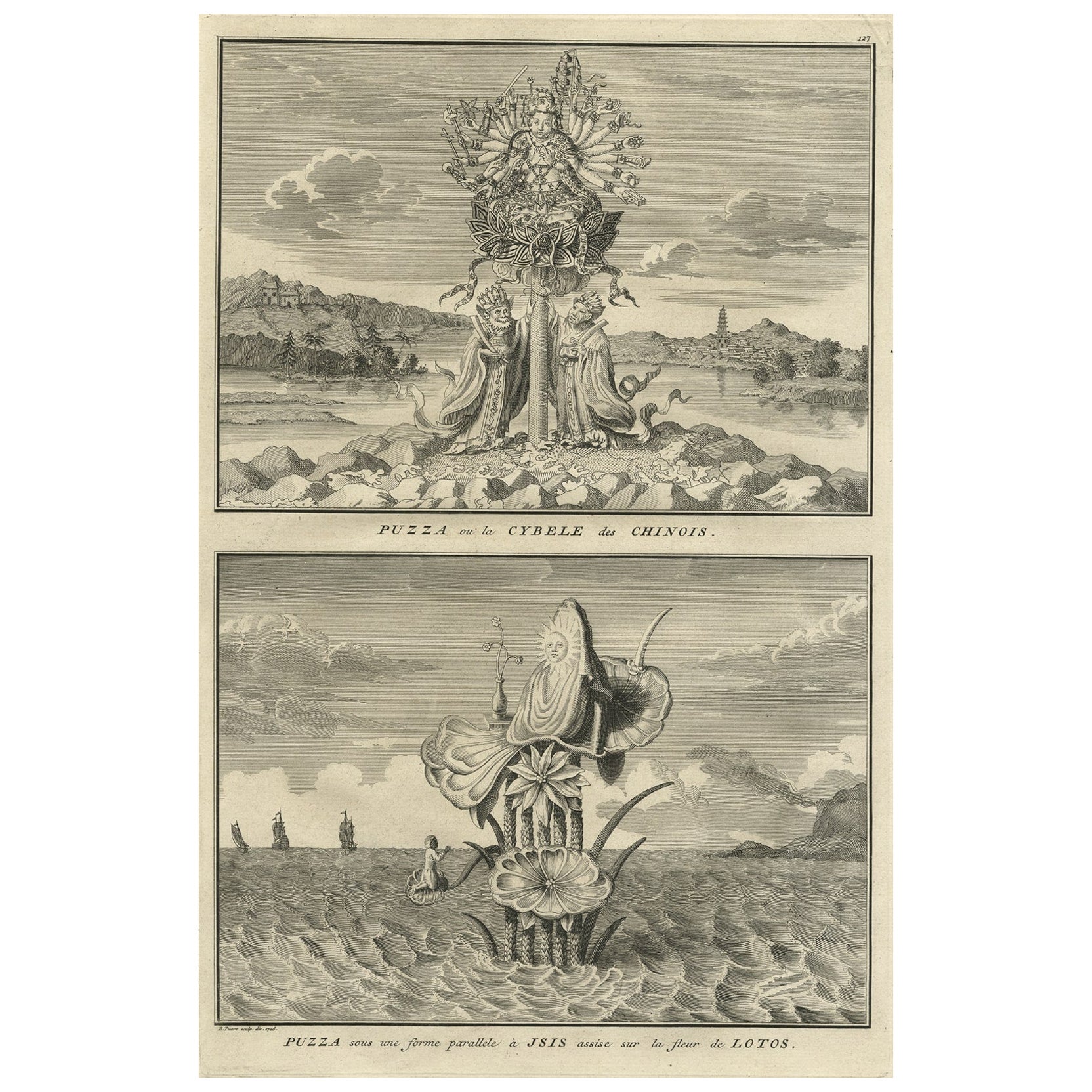 Old Print of Nature Godess Sibyl and Puzza of China on a Lotus Flower, ca.1725 For Sale