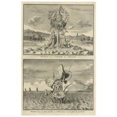 Antique Old Print of Nature Godess Sibyl and Puzza of China on a Lotus Flower, ca.1725