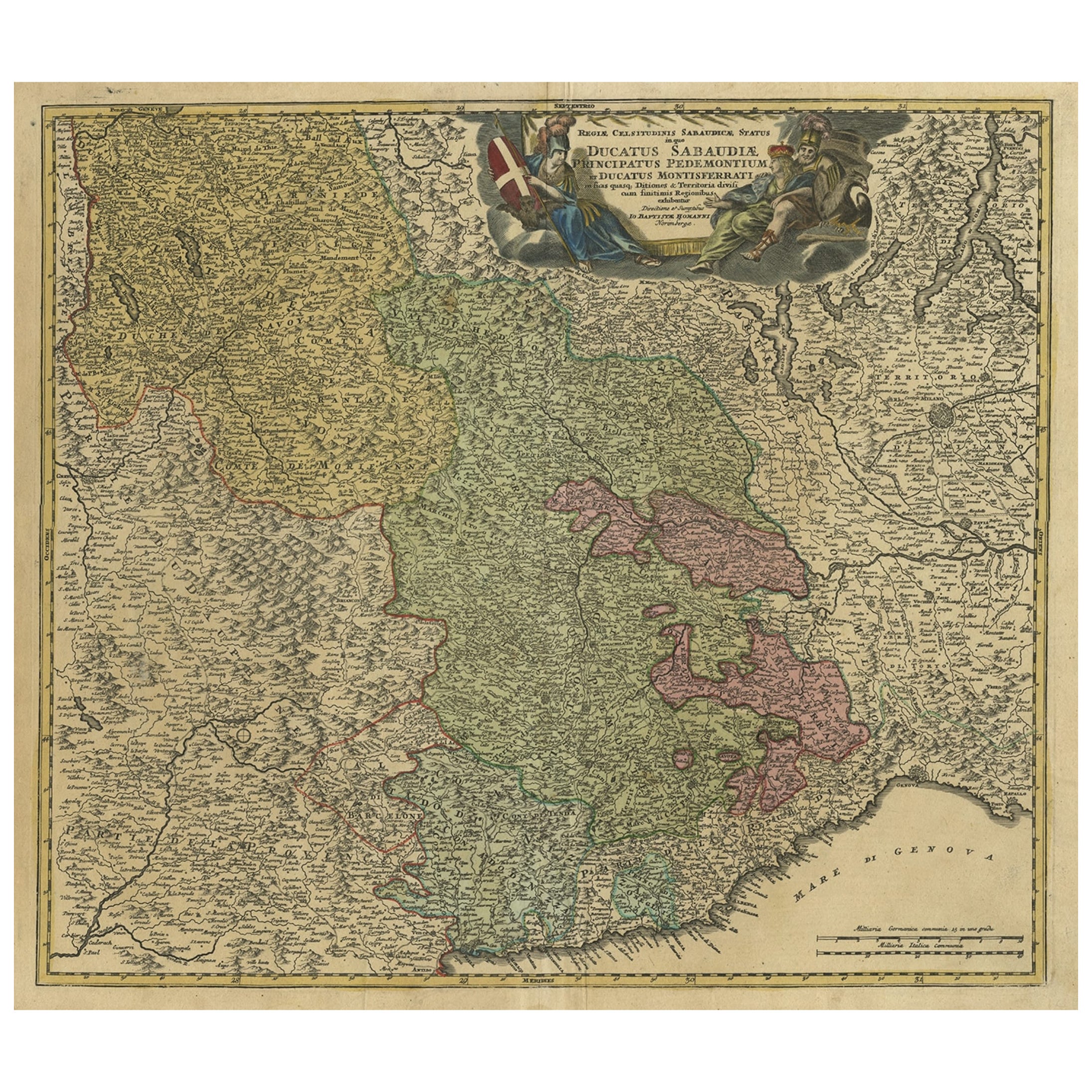Antique Map of the Savoy and Piedmont Regions, Centered on Torino, ca.1735