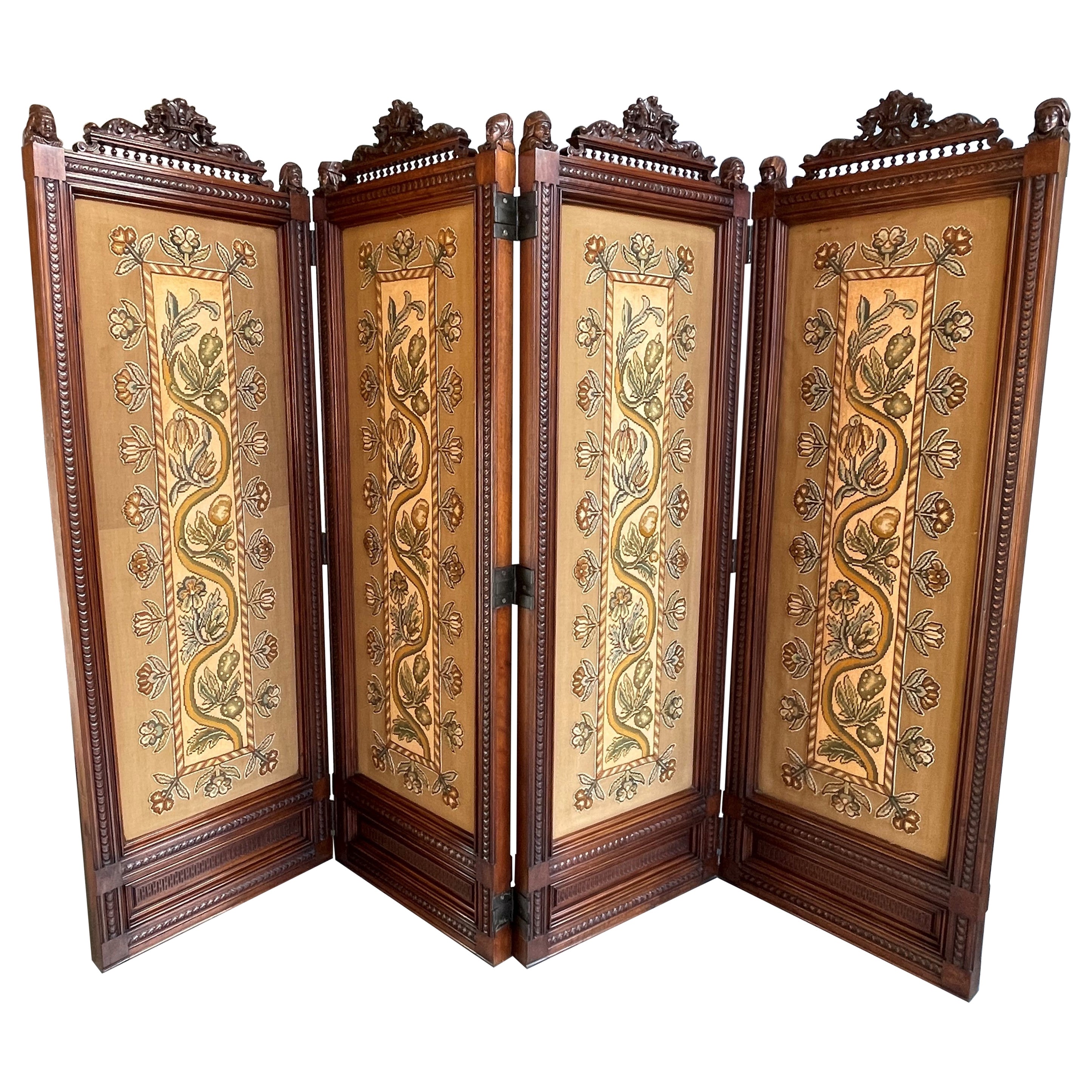 Stunning Renaissance Revival Folding Screen w. Embroidery and 8 Bust Sculptures