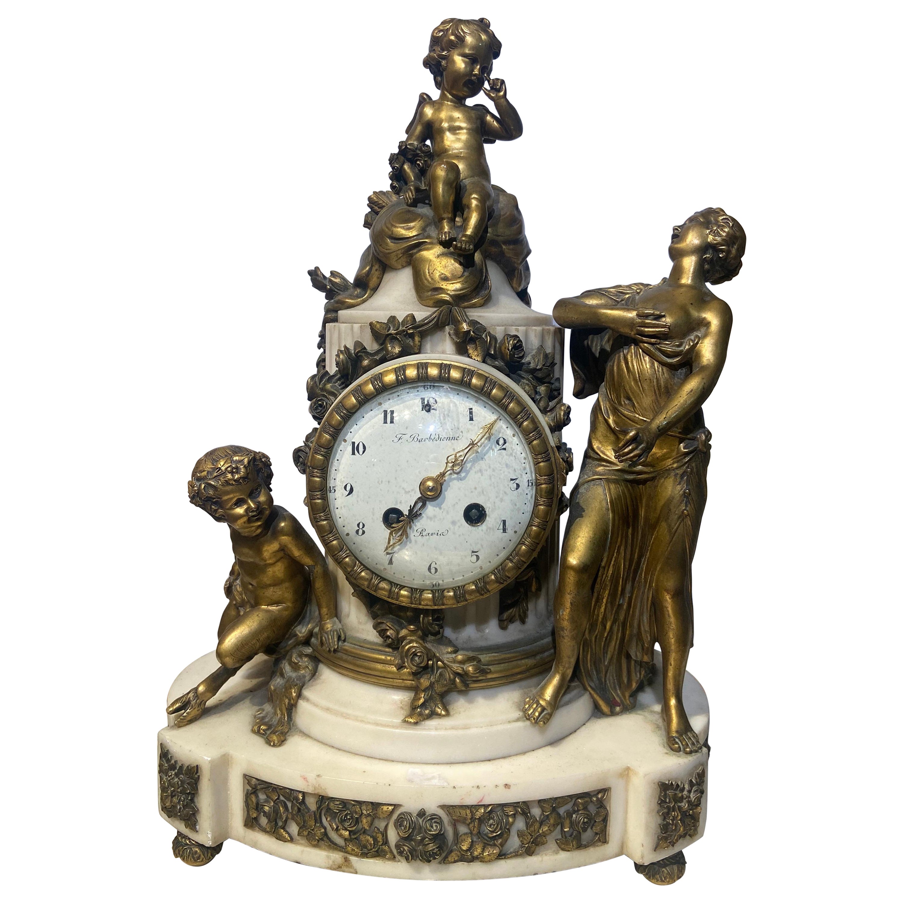 19th Century Rare French Mantel Clock by F. Barbedienne with Bronze Figures For Sale
