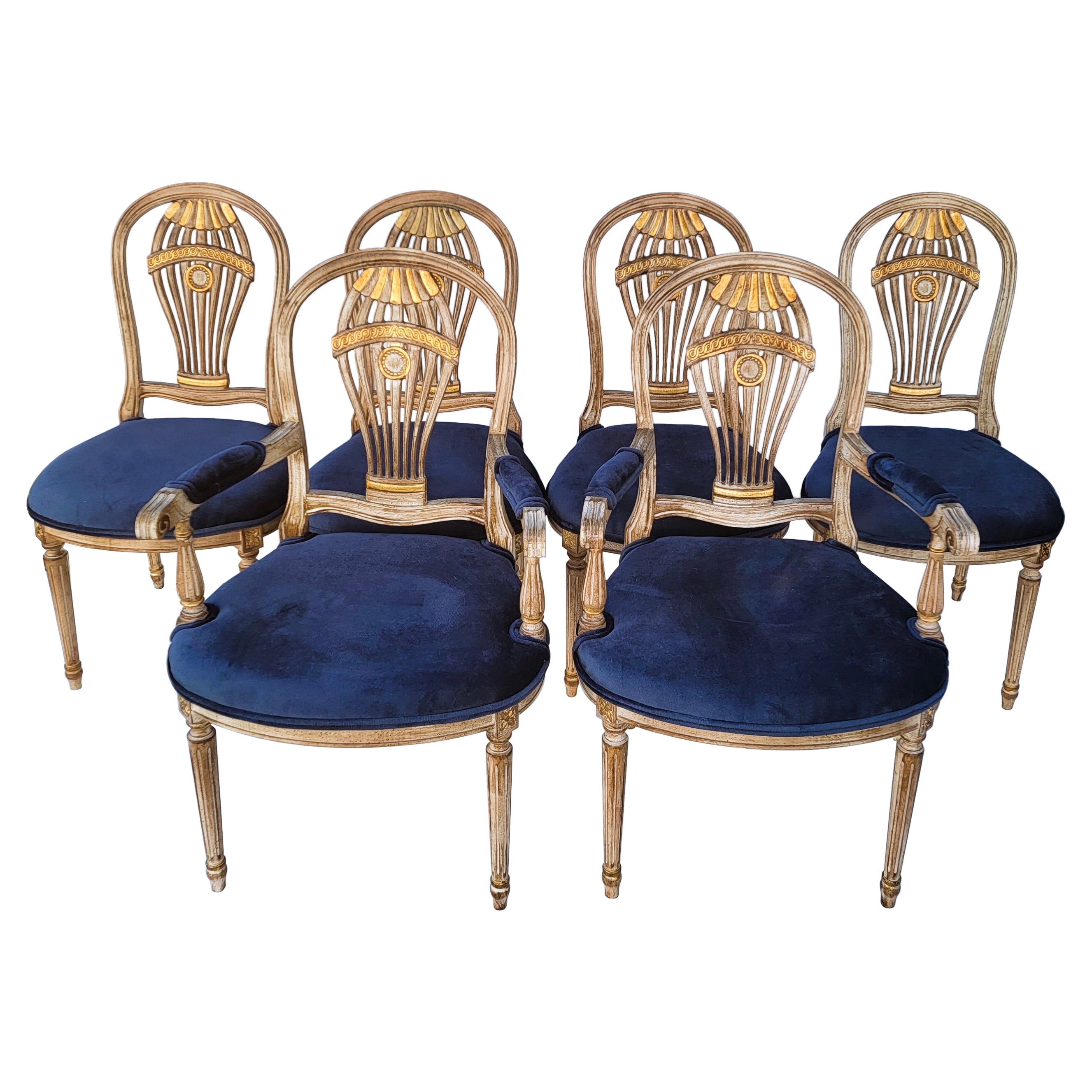 French Louis XVI Style Carved and Gilded Balloon Back Dining Chairs, Set of 6 For Sale