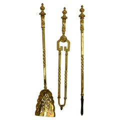 English Art Nouveau Period Set of Three Brass Firetools with Twist Detailing
