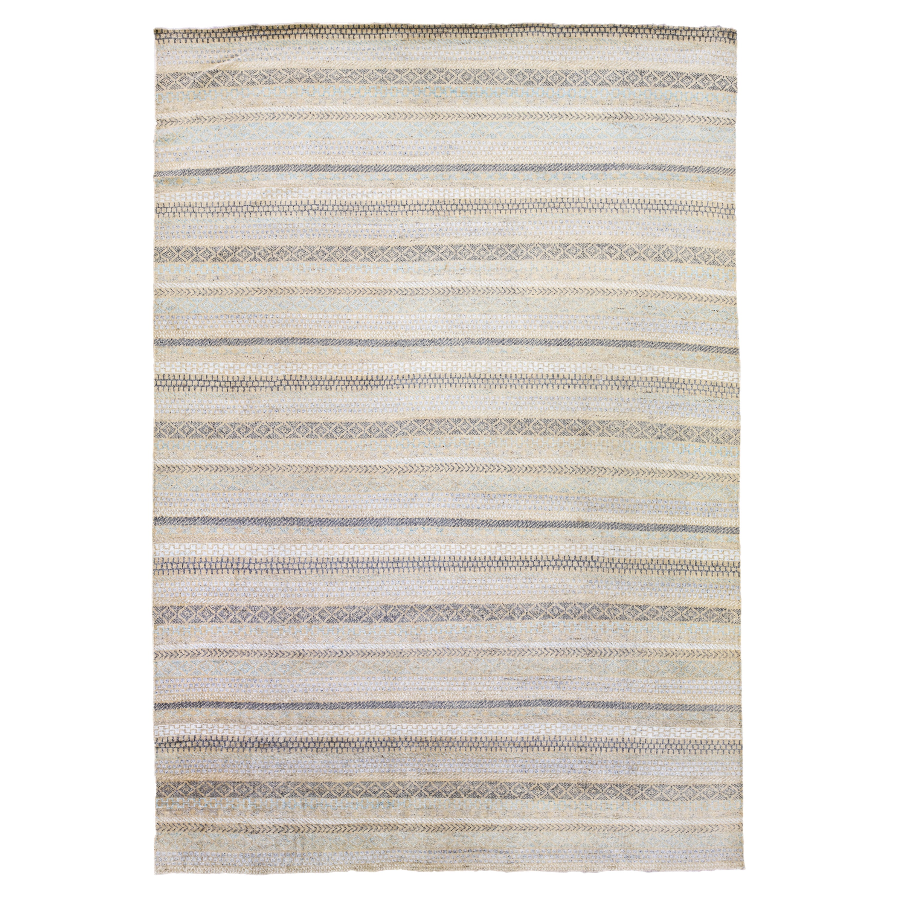 Modern Apadana's Safi Collection Handmade Stripe Designed Wool Rug For Sale