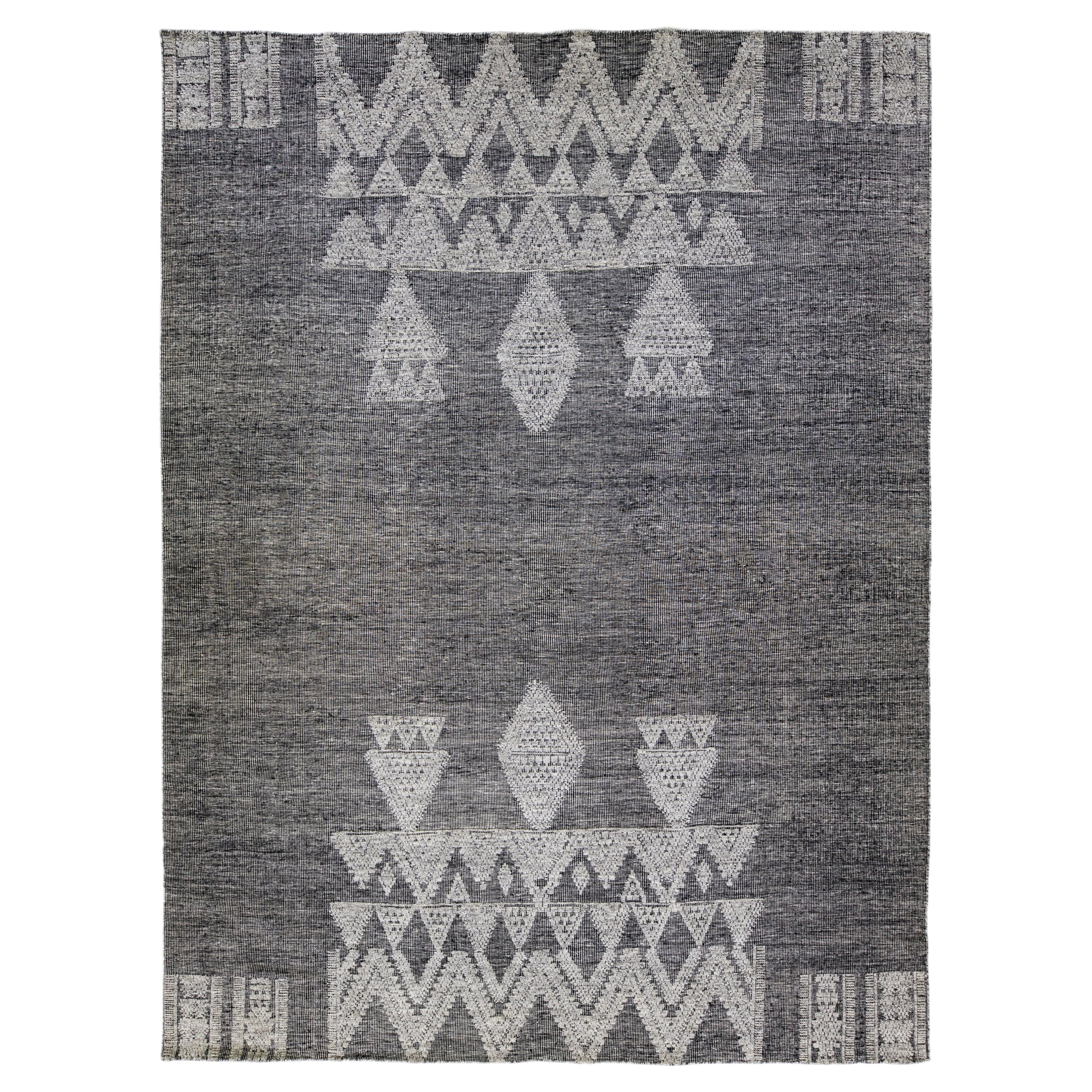 Modern Apadana's Safi Collection Handmade Gray Designed Wool Rug For Sale