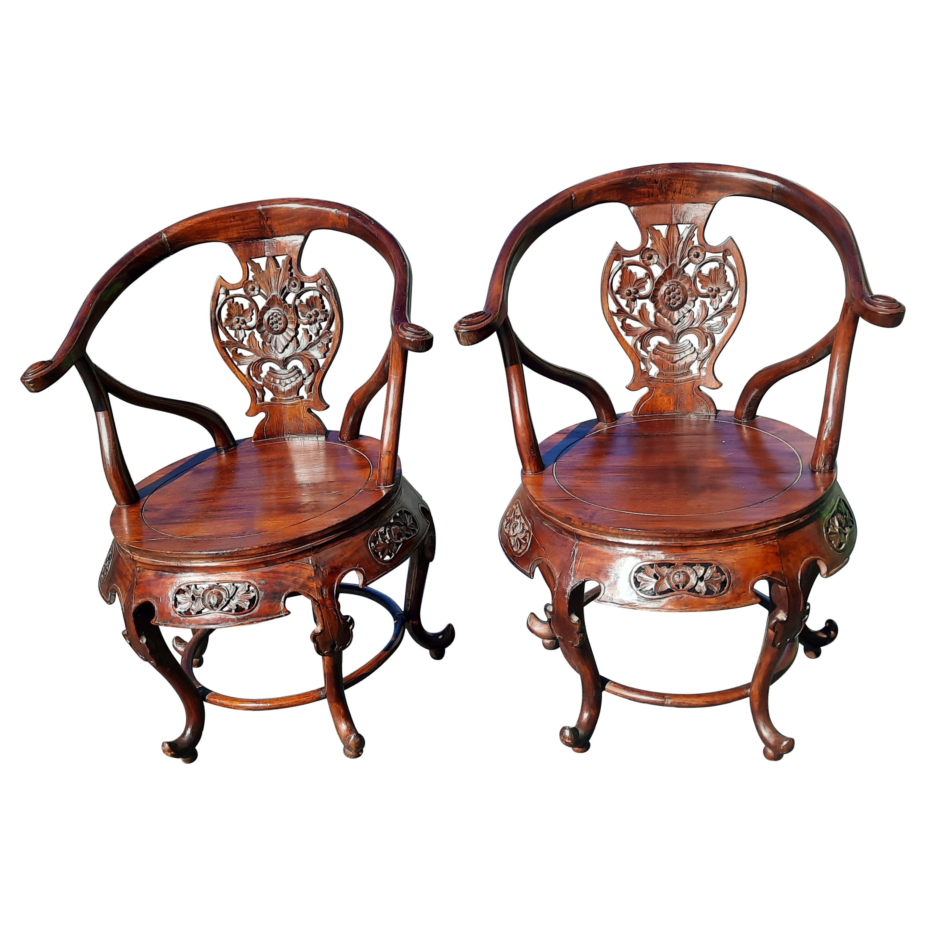 Antique Chinese Carved Hongmu Mahogany Arm Chairs, Circa 1960s, a Pair For Sale