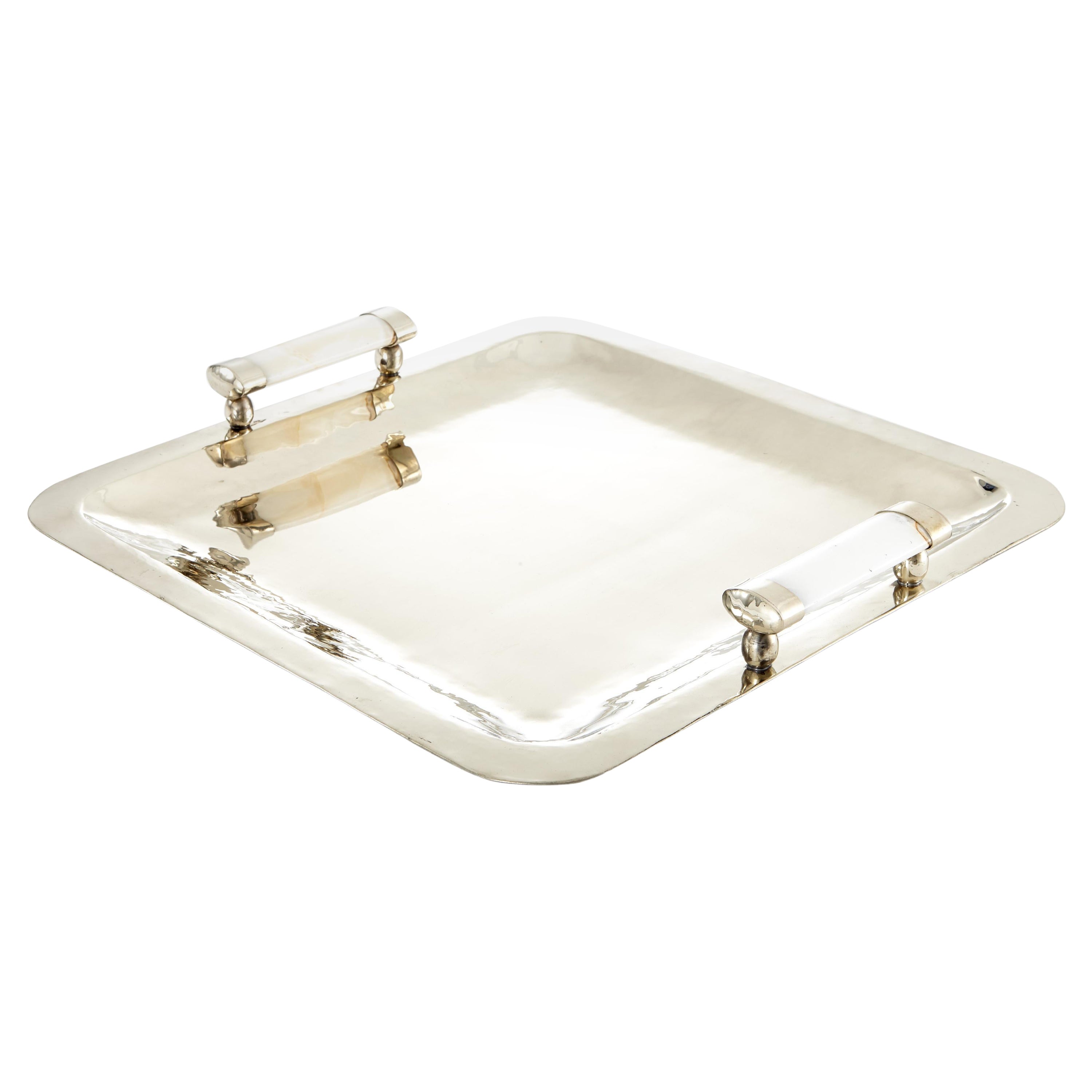 Valle Square Large Silver Alpaca & Cream Onyx Stone Bar Tray For Sale